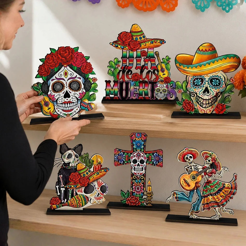 1-10PCS Day of The Dead Wooden Skull Display Tray for Mexican Carnival Halloween Party Fiesta Table Centerpiece Home Decor Vue