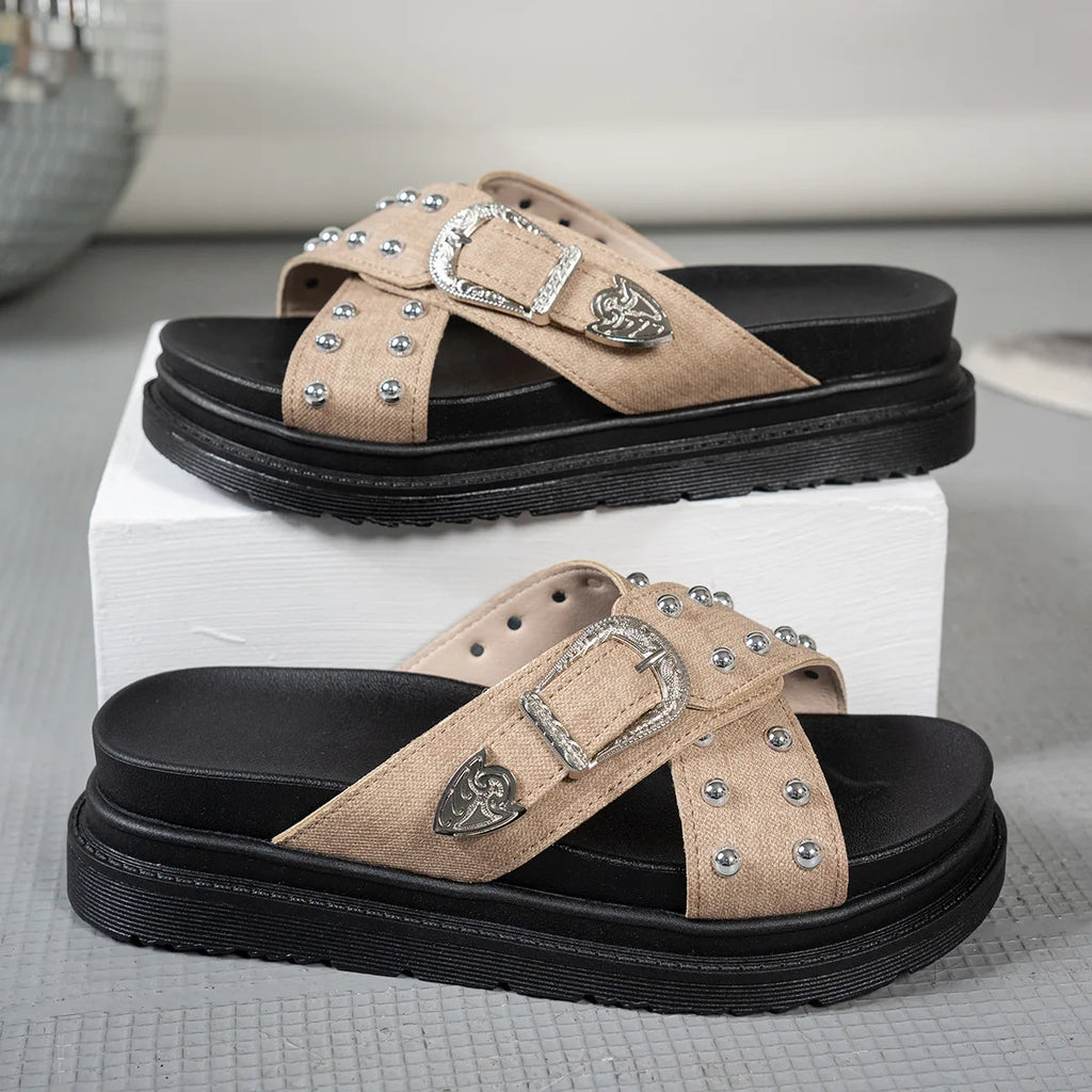 Women's Cross-Strap Rivet Platform Slippers | Summer Style Platform Slippers Vue apricot 37