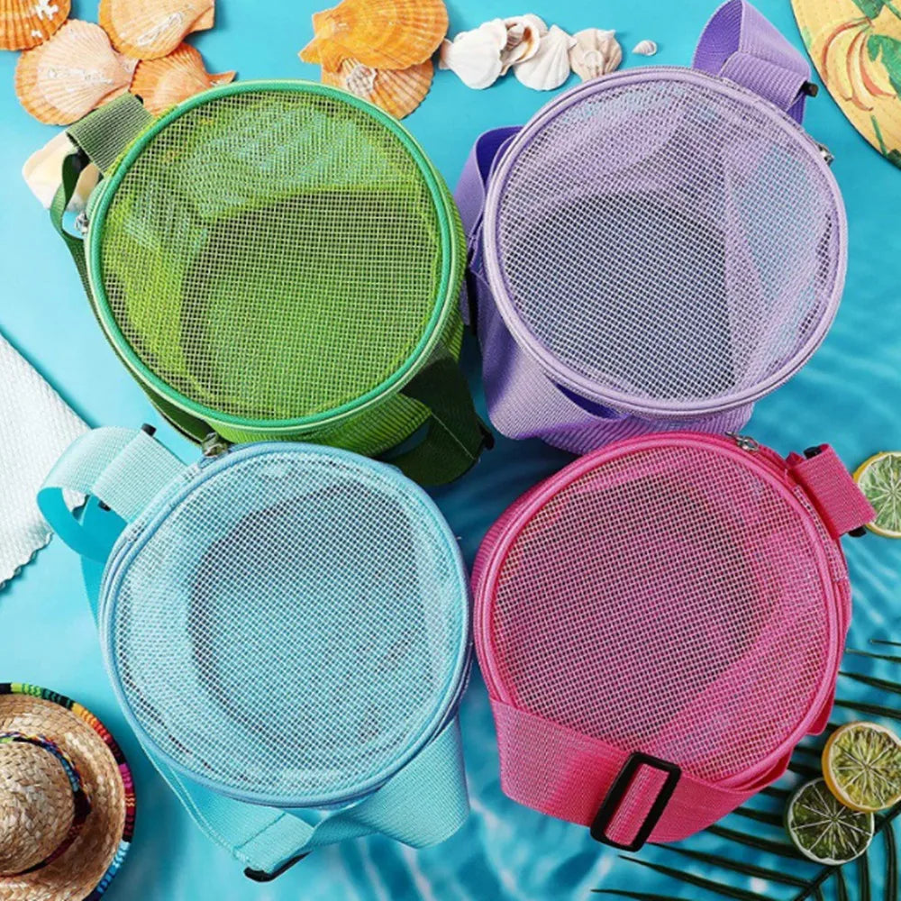 Children's mesh shell storage bag beach three-dimensional round sand bucket toy collection bag with Adjustable Carrying Straps Vue