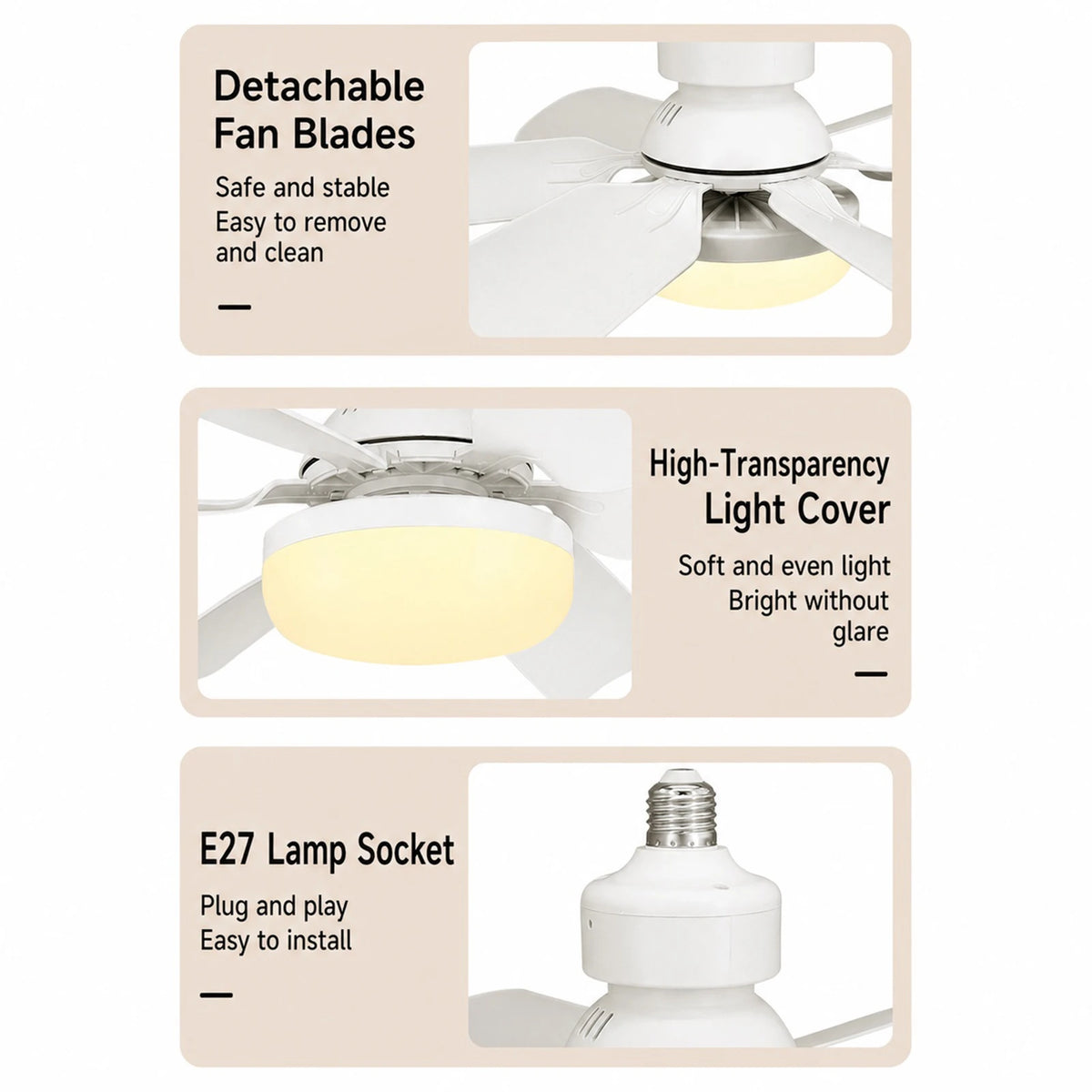 LED 3 Color Stepless Dimming Fan Light with Remote Control E27 Socket Ceiling Fan Light for Living Room Study Household Use Vue