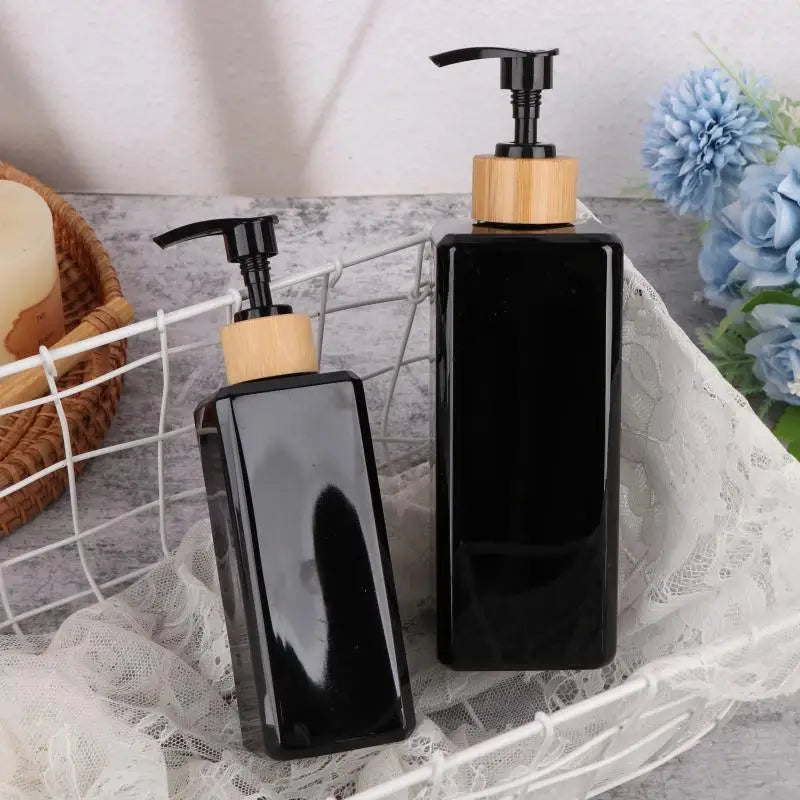 1Pcs Bathroom Dispensers Square Shampoo Shower Gel Body Wash Dispensers Refillable Bamboo Pump Bottles Lotion Containers Vue