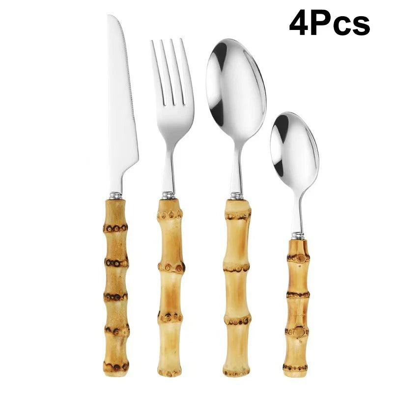 Long Handle Serving Spoon Fork Stainless Steel Gold Silver Bamboo Vue 4Pcs