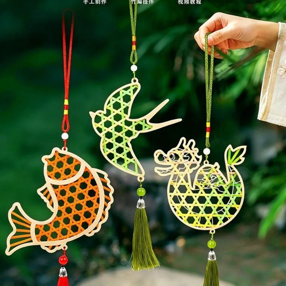 Handmade Bamboo Pendant Material Kit Zongzi Cat Butterfly Dragon Boat Festival DIY Kit Tassel Fish Bamboo Woven Ornaments Vue