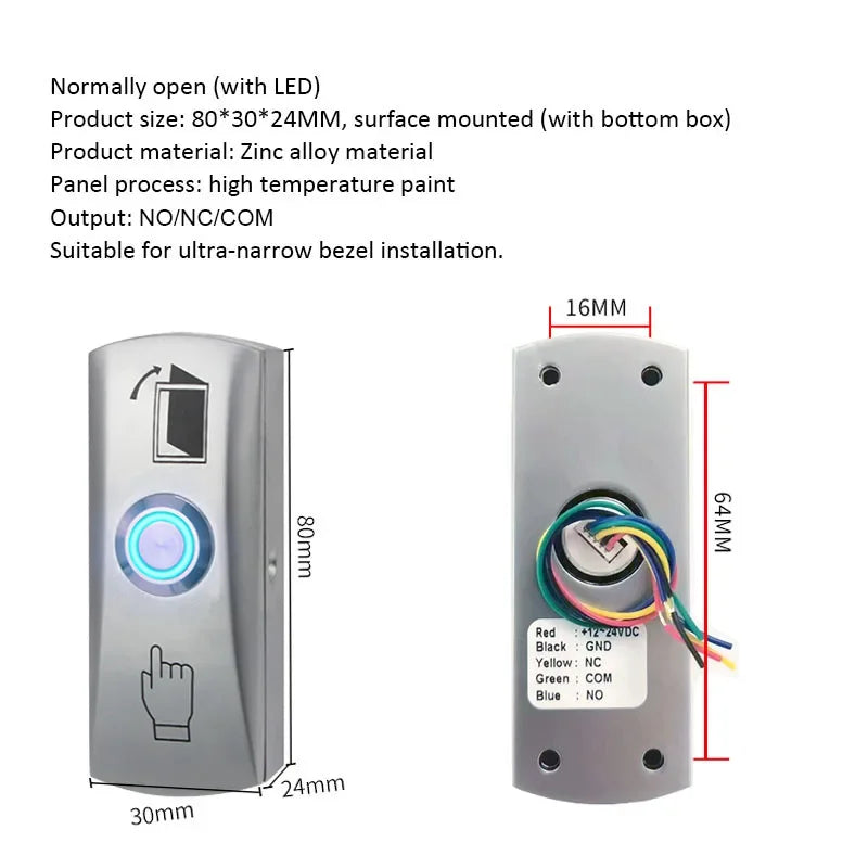 Door Exit Release Button Zinc Alloy Panel GATE Push Switch for Door Access Control System to Open Door Vue