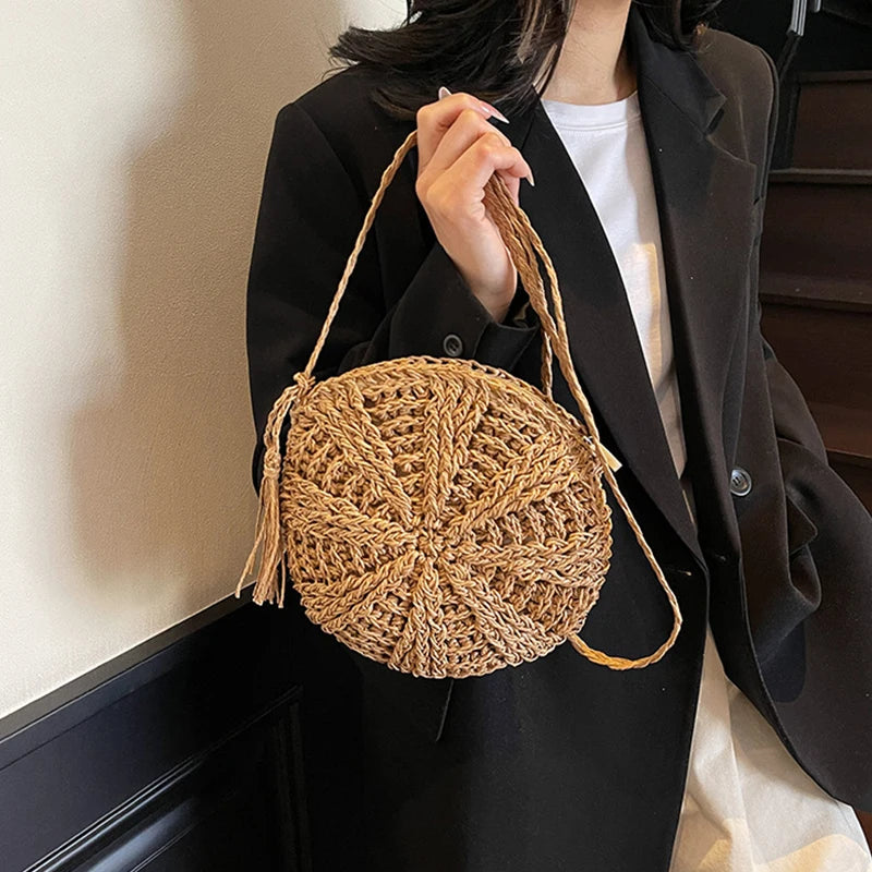 Rattan Woven Round Women Straw Bag Handbag Knit Summer Beach Woman