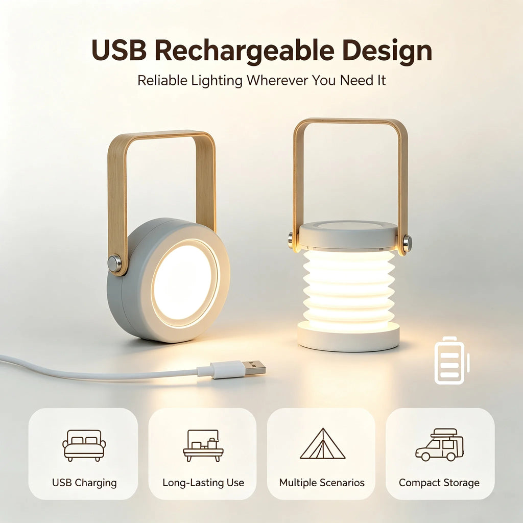 Portable Folding Night Lamp, Creative Wooden Handle LED Lantern, Telescopic Table Light USB Charging Reading Lamp for Home Decor Vue