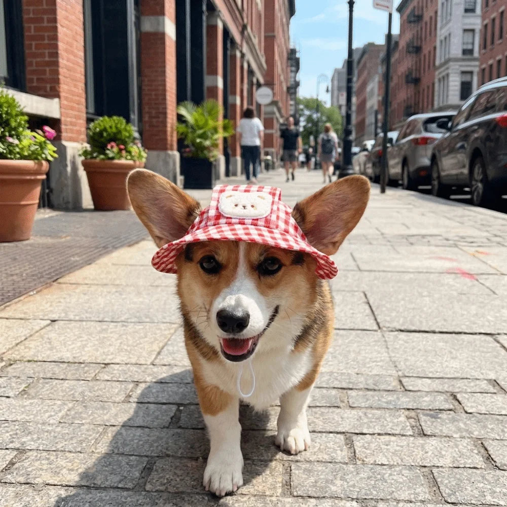 Cartoon Pattern Dog Fisherman Hat Breathable Plaid Print Cat Sunscreen Hat Adjustable with Ears Hole Dog Visor Hats Outdoor Vue