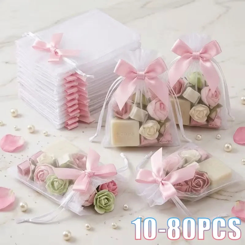 10-80Pcs Organza Drawstring Bag with Collision Color Bow Transparent Sheer Mesh Pouch with Ribbon Tie for Gift Party Favor Vue