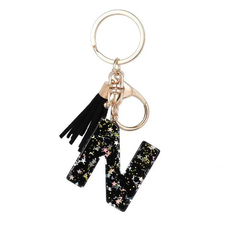 Black Glitter Star Sequins Resin 26 Letters Keychain Initials A-Z Keyring Tassel Charm Accessories Backpack Hanging Decoration Vue N
