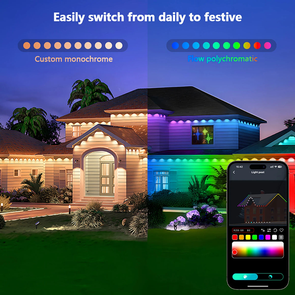 300FT Permanent Outdoor Eave Lights 180 LEDs App-Controlled, DIY RGB Color, IC Light String—Ideal for Christmas Eave Decorations Vue