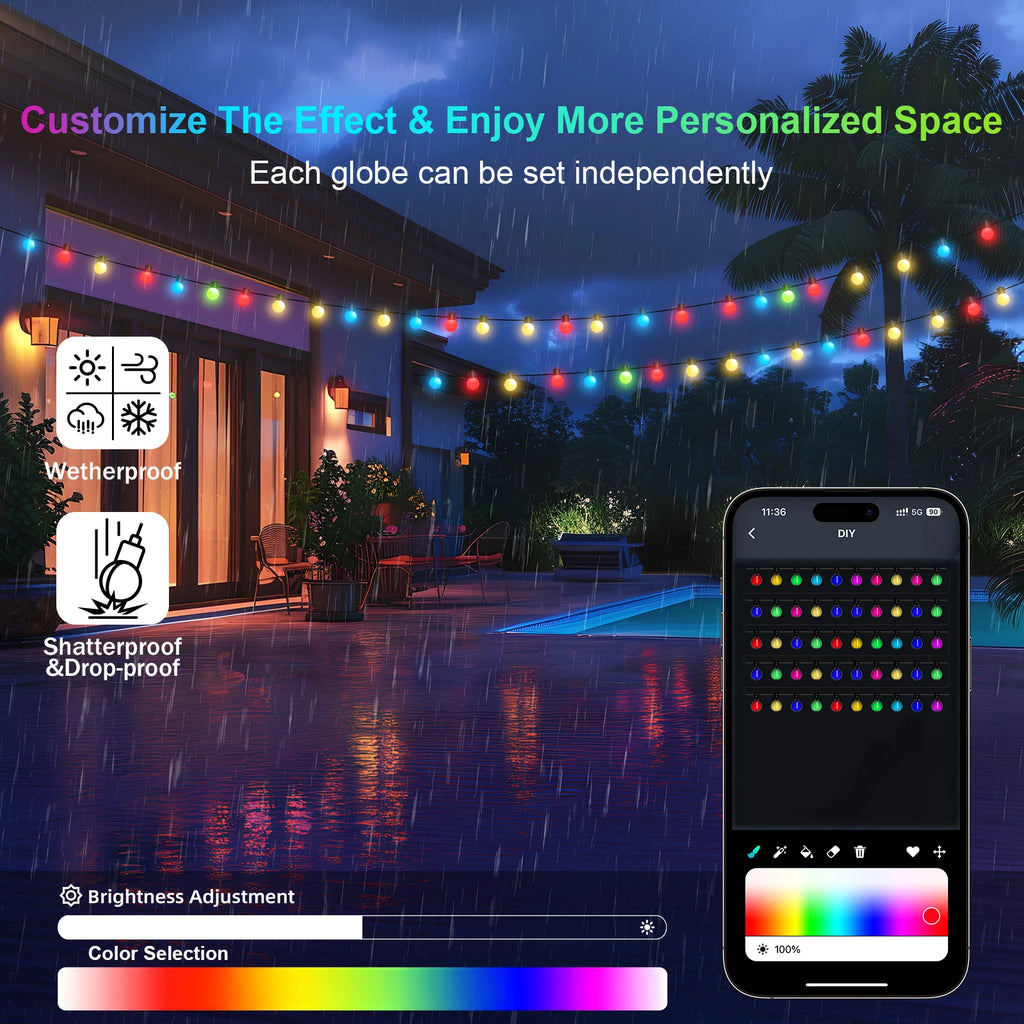Smart Garden String Lights with App Control RGBIC Colors IP65 Rated for Gardens, Courtyards, Parties, and Christmas Decorations Vue