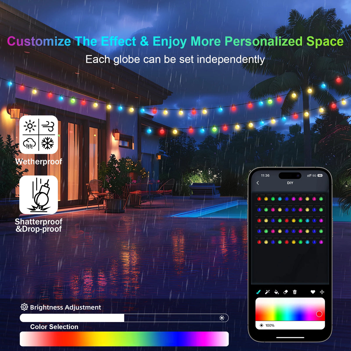 Smart Garden String Lights with App Control RGBIC Colors IP65 Rated for Gardens, Courtyards, Parties, and Christmas Decorations Vue