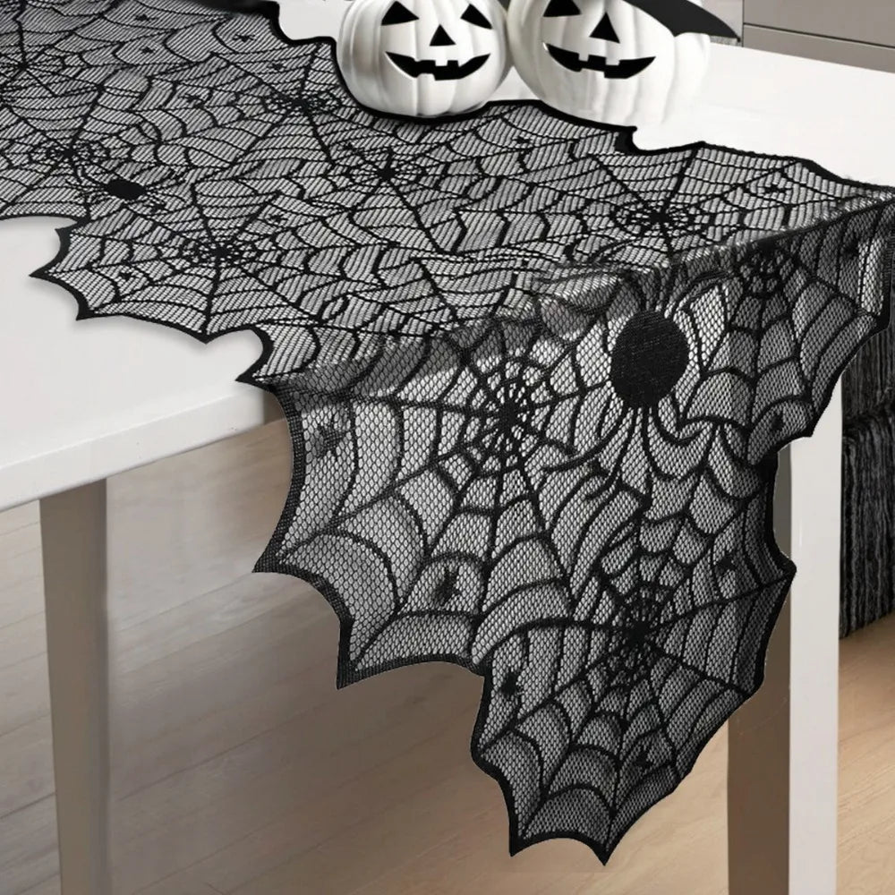 Translucent Spider Web Black Lace Table Runner with Spider Pendant Long Strip Halloween Table Cover Mesh Gothic Lace Tablecloth Vue