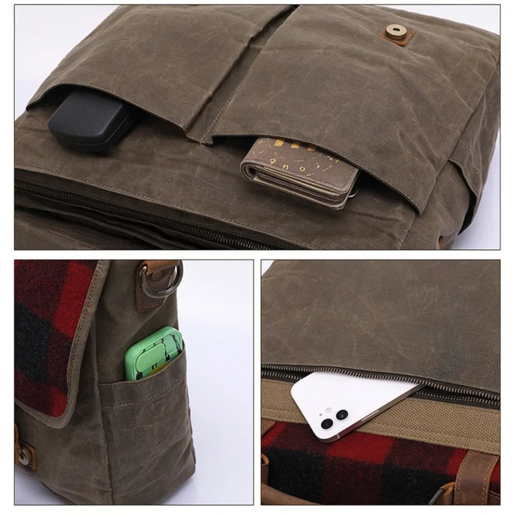 Vintage Oil Wax Canvas Men's Shoulder Boys Messenger Bag Japanese Mailman Bag Men's Commuter British Style First Layer Cowhide Vue