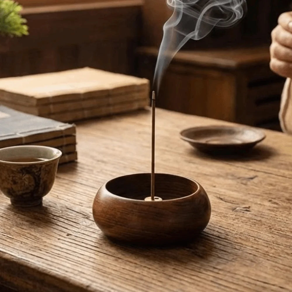 4 Holes Wooden Incense Holder Solid Wood Handcrafted Stick Holder Smooth Polished Retro Bowl Shape Censer Desktop Decor Vue