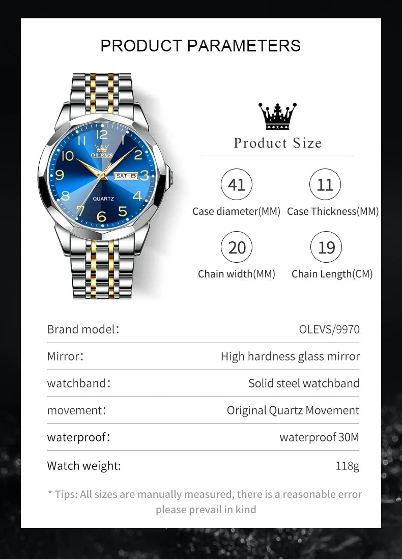 OLEVS 9970 Men's Luminous Quartz Watch – Waterproof & Luxury Men's Quartz Watch Vue
