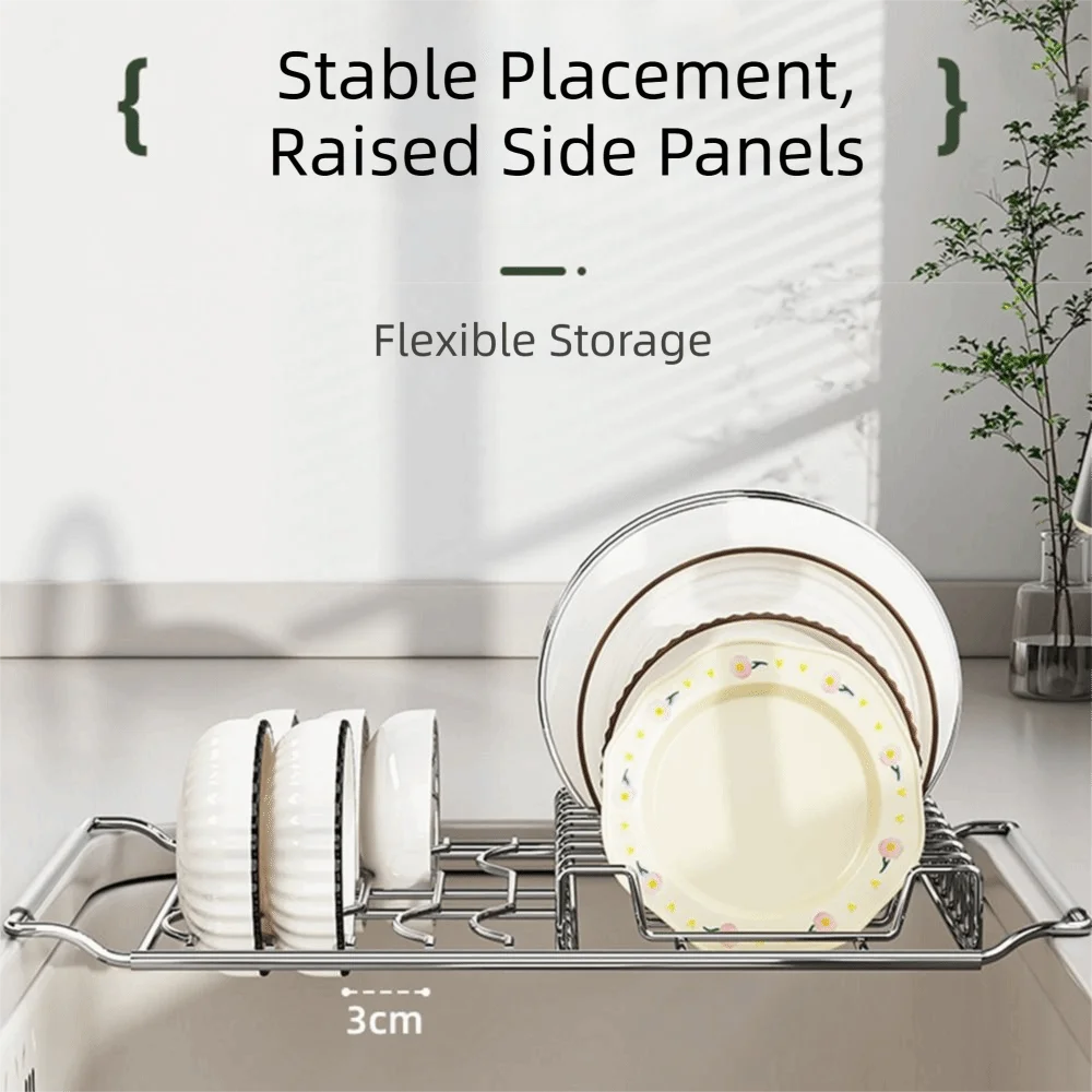 Stainless Steel Expandable Dish Rack Rustproof Non-slip Kitchen Sink Organizer Rectangular Multifunctional Bowl Drain Shelf Vue