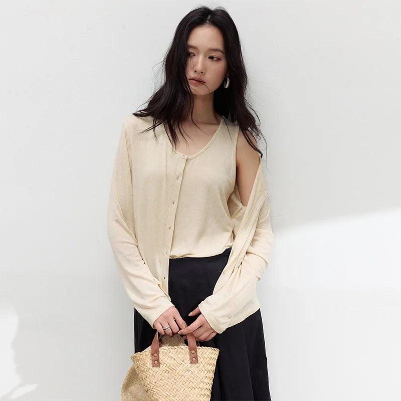 Striped Linen Cardigan for Women, Button Down Shirt, Summer Blouse, Breathable Thin Fabric, Daily Office Vue