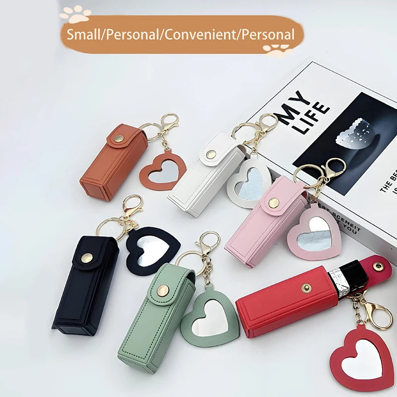 Solid Color Portable Lipstick Bags Wallet Keychain Mini Storage Bag For Women Lipsticks Protective Cover With Mini Makeup Mirror Vue