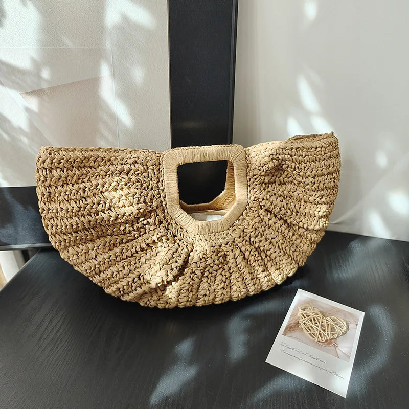 Summer Woven Straw Bag Moon Large Capacity Purse Handbag Women Beach Vue khaki