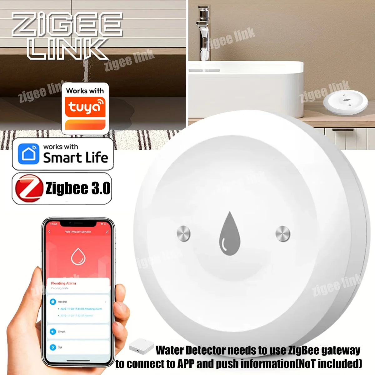 ZigBee 3.0 Smart Water Sensor For Tuya APP Flood Water Leakage Detector Alarm Smart Life Security Protection Need Zigbee Gateway Vue Default Title