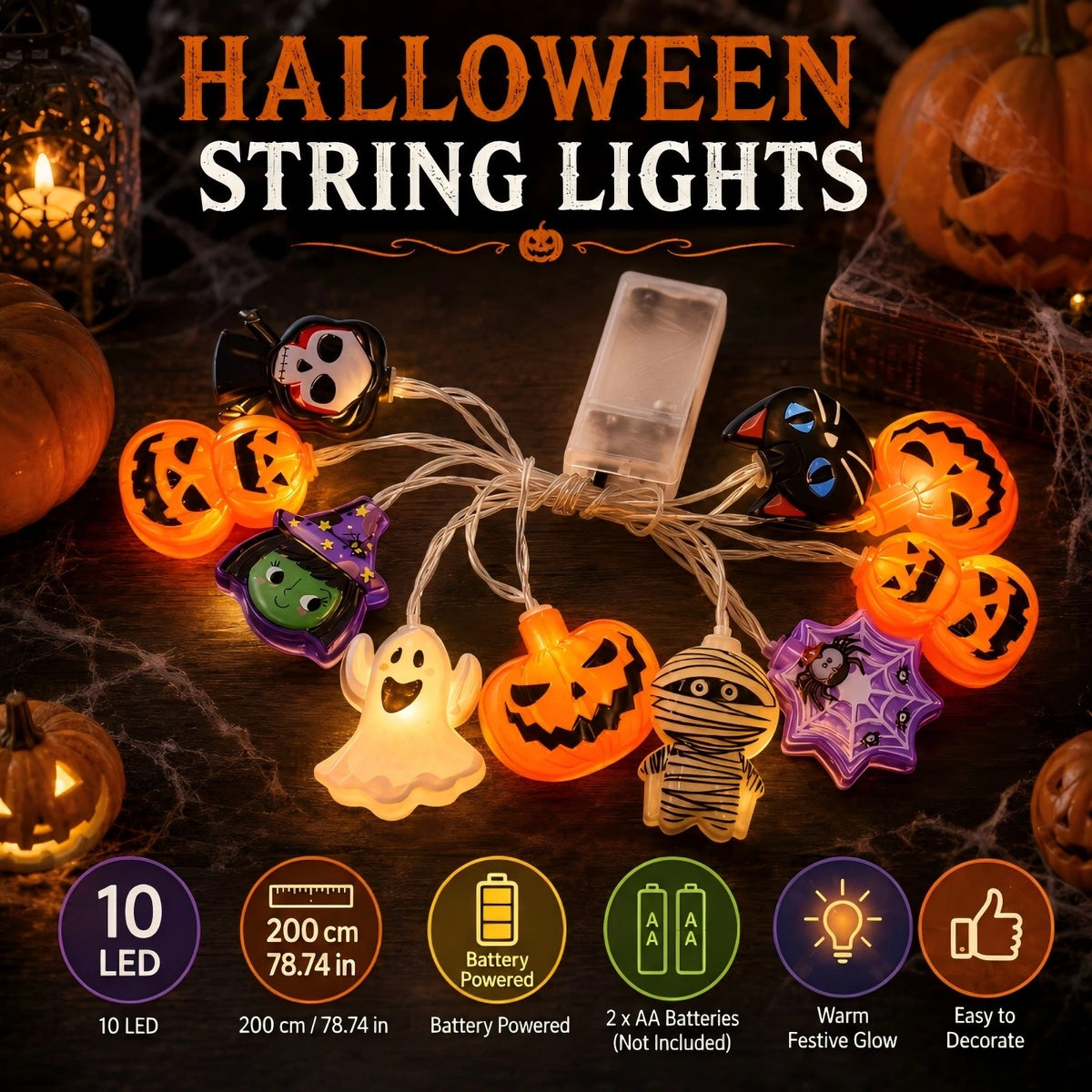 Halloween Mixed Cartoon Character LED String Lights, Pumpkin Ghost Skeleton Witch Spider Fairy Lights for Halloween Party Decor Vue