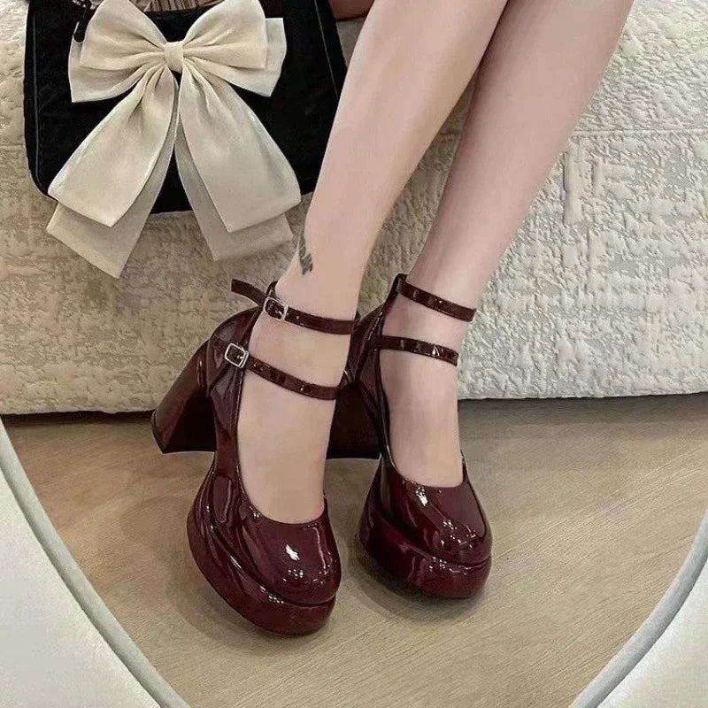 Women's Platform Mary Jane Pumps – Cross Strap Square Heel Platform Mary Jane Pumps Vue wine red 40 China Mainland
