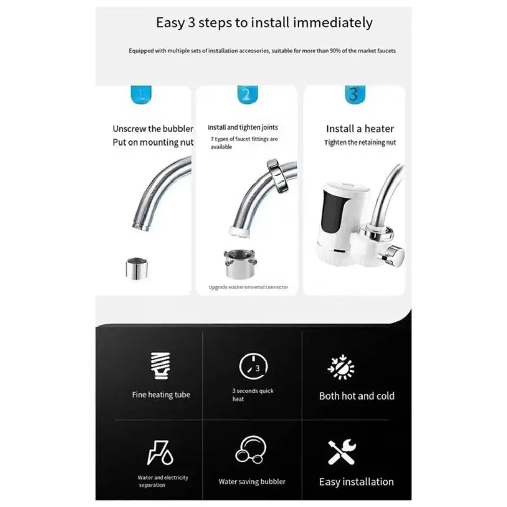 3000W Power Instant Electric Water Heater Digital Display Double Modes Tankless Water Heater Rapid Heating Rotatable Tap Vue