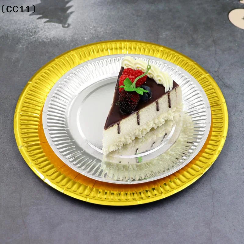 Disposable Metallic Foil Paper Plates Shiny Gold Silver Finish Sturdy Build For Weddings Birthday Festive Gatherings〔CC11〕 Vue
