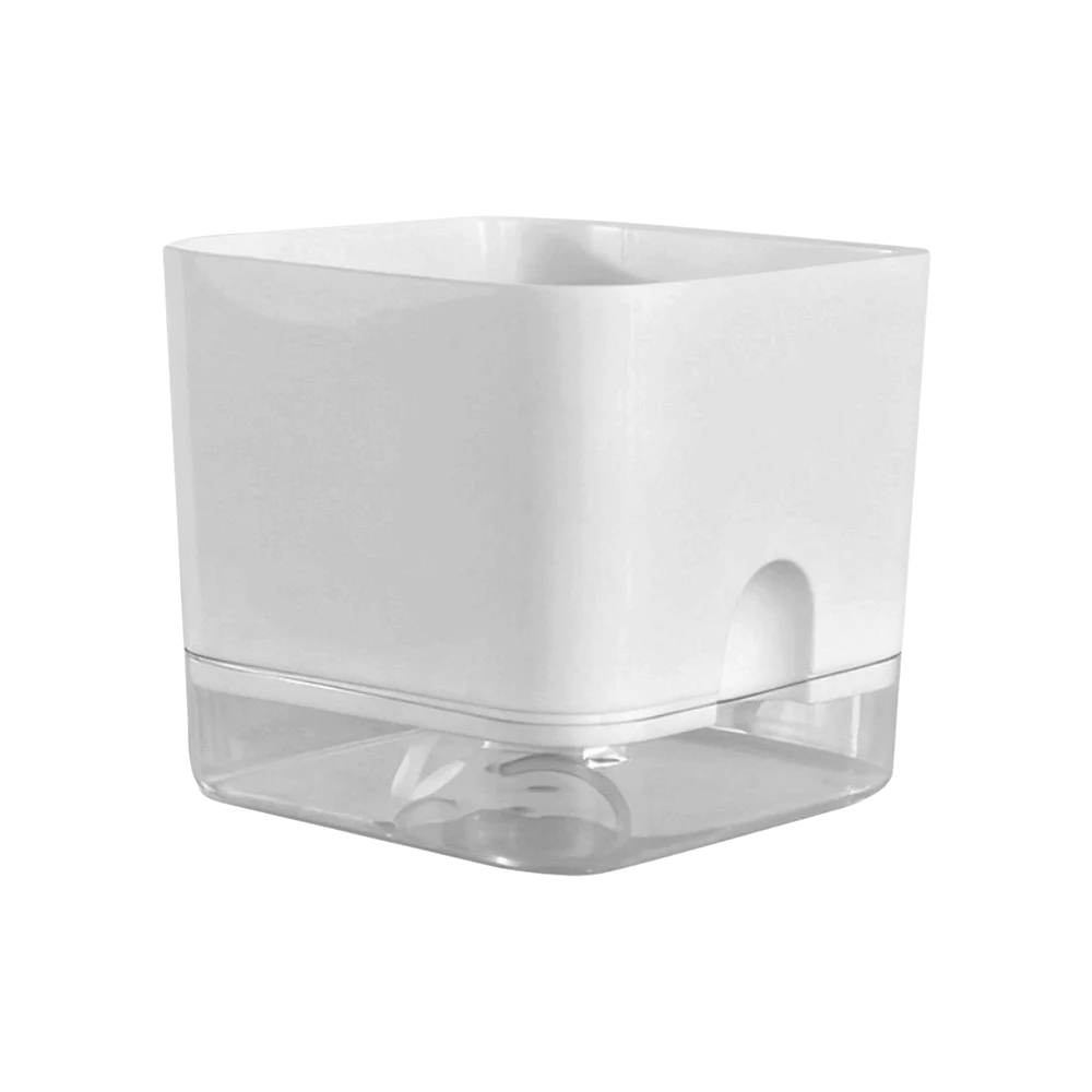 Easy Care Square Shape Self Watering Plant Pots Drainage Hole Patchwork Plant Pots 2-Layer Design Plastic Flower Planters Office Vue Transparent 14cm