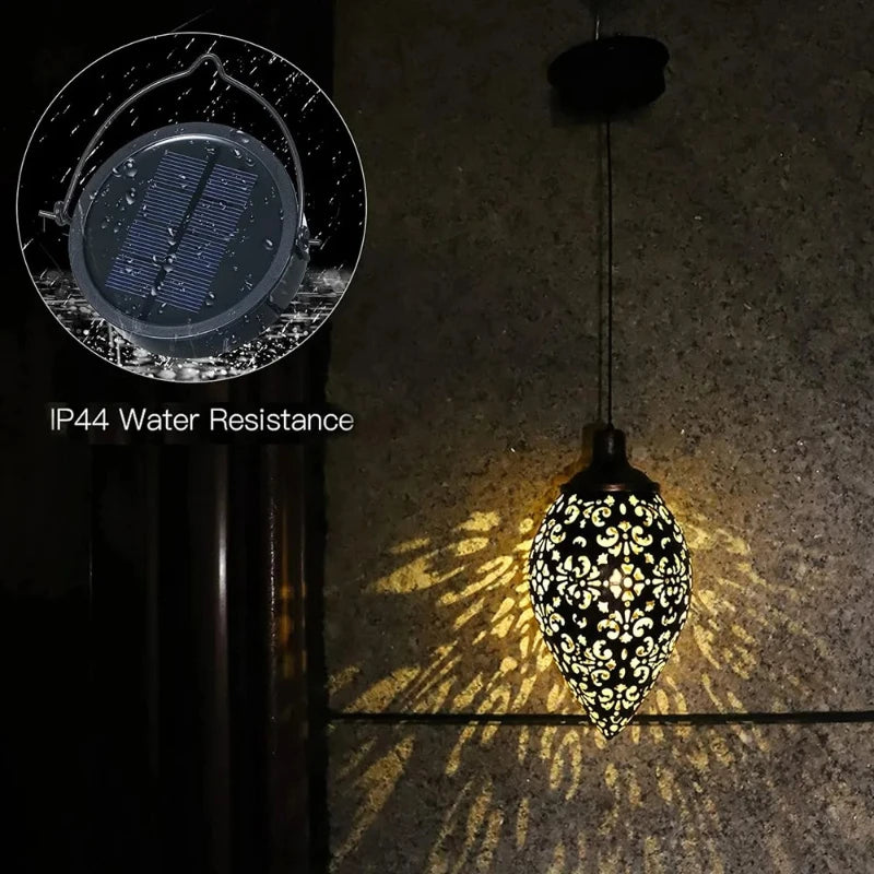 Outdoor Solar Light LED Moroccan Retro Hollow Projection Lamp Metal Waterproof Hanging Garden Light for Patio Pathway Yard Porch Vue Warm White