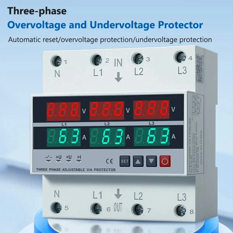 100A 63A 3 Phase Din Rail Phase Selector Adjustable Over and Under Voltage Current Protection Monitor Relays Protector Vue