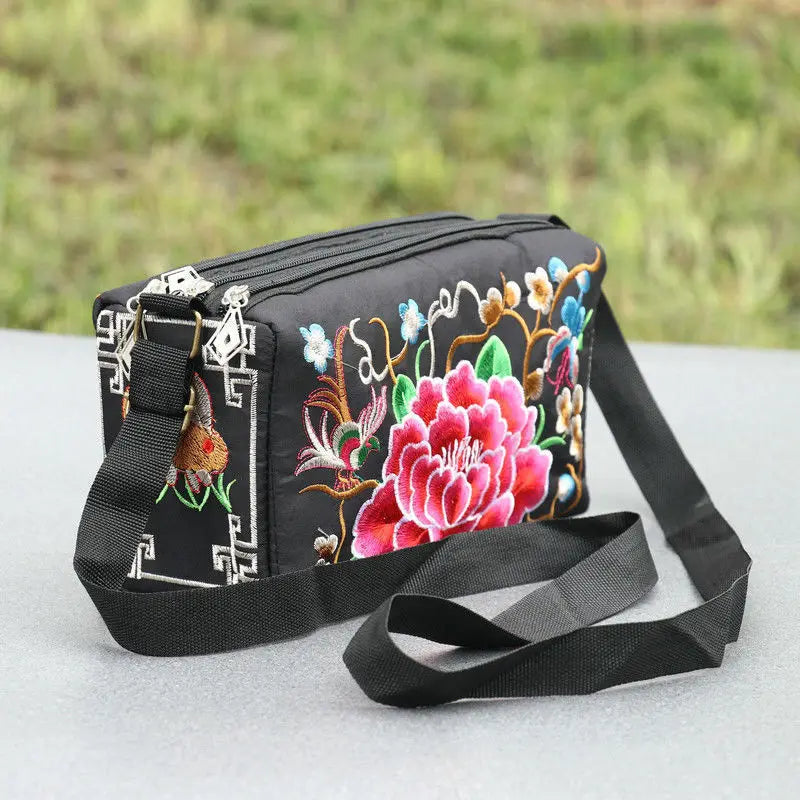 Women's Embroidered Flowers Canvas Shoulder Crossbody Bag Ladies