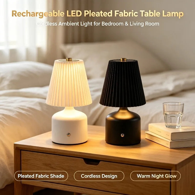 Cordless LED Fabric Table Lamp, Rechargeable Pleated Shade Nightstand Light for Hotel Bar Home Decor Vue