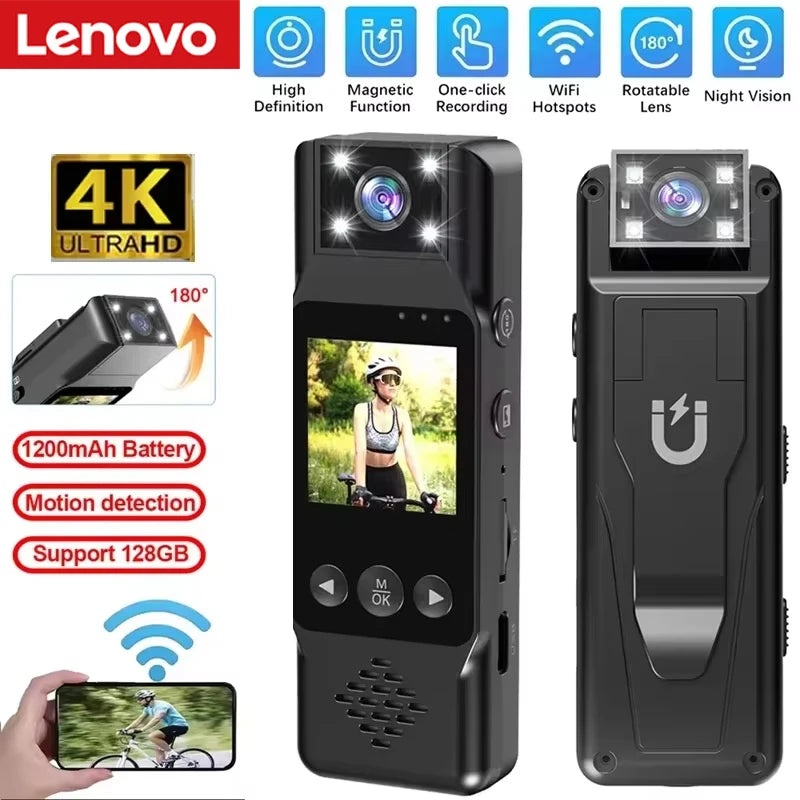 Lenovo Sports Camera Portable Mini Camera 4K HD Wifi Magnetic Back Clip Digital Video Recorder Worn Body Cam Night Vision DVR Vue