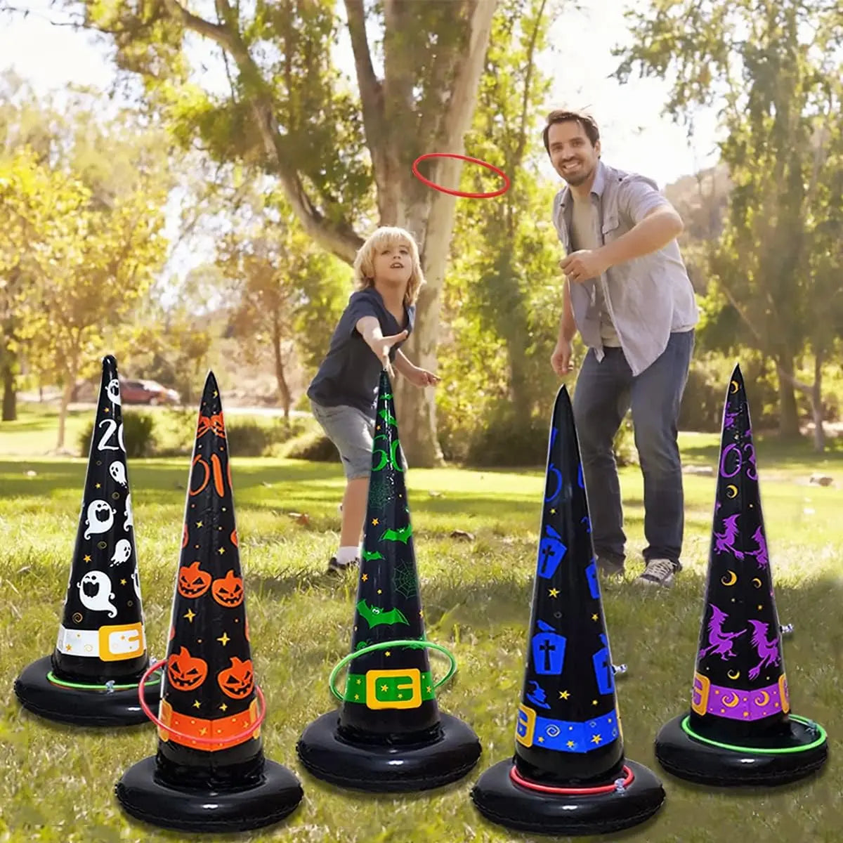 1-10Sets Halloween Inflatable Cone Toss Ring Game PVC Witch Hat Target for Carnival Party Adults Outdoor Interactive Fun Vue