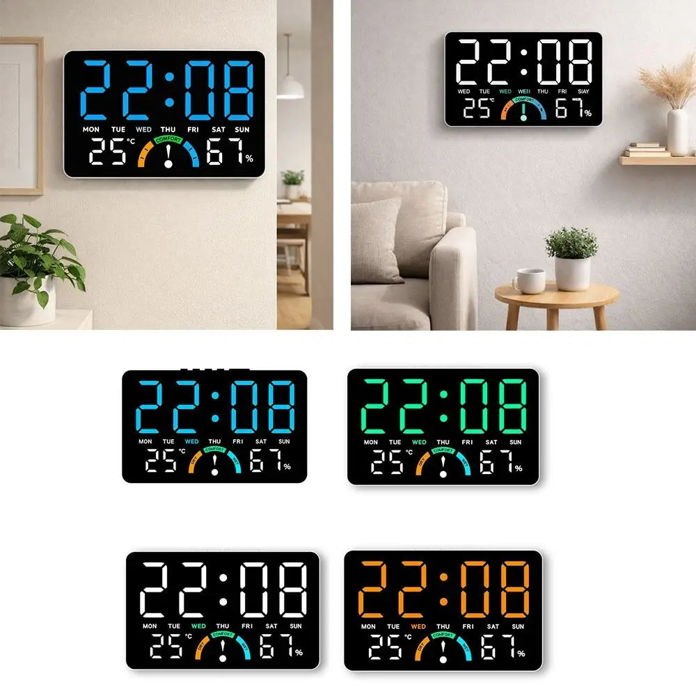 Time/Temperature/ Humidity Digital Wall Clock Dual Alarms Large Screen LED Alarm Clock Comfort Reminder Date Display Vue