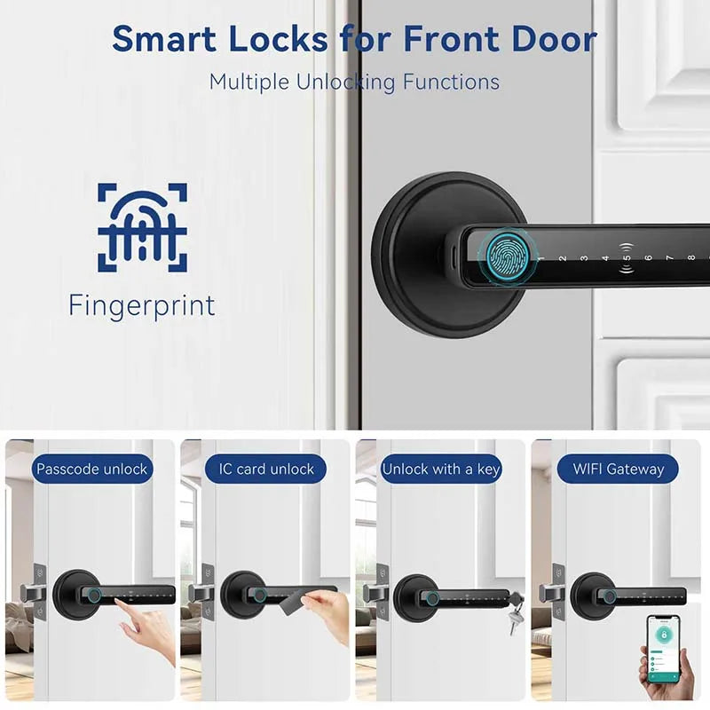 Tuya Handle Fingerprint Key Card Digital Smart Door Lock Keypad Key Entry Electronic Lock Home House 9 Languages Audio Playback Vue