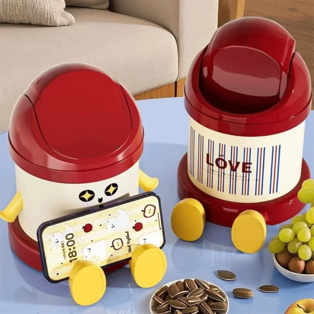 Cute Cartoon Desktop Trash Can Round Large Capacity Garbage Bin with Lid Plastic Storage Bucket Office Vue
