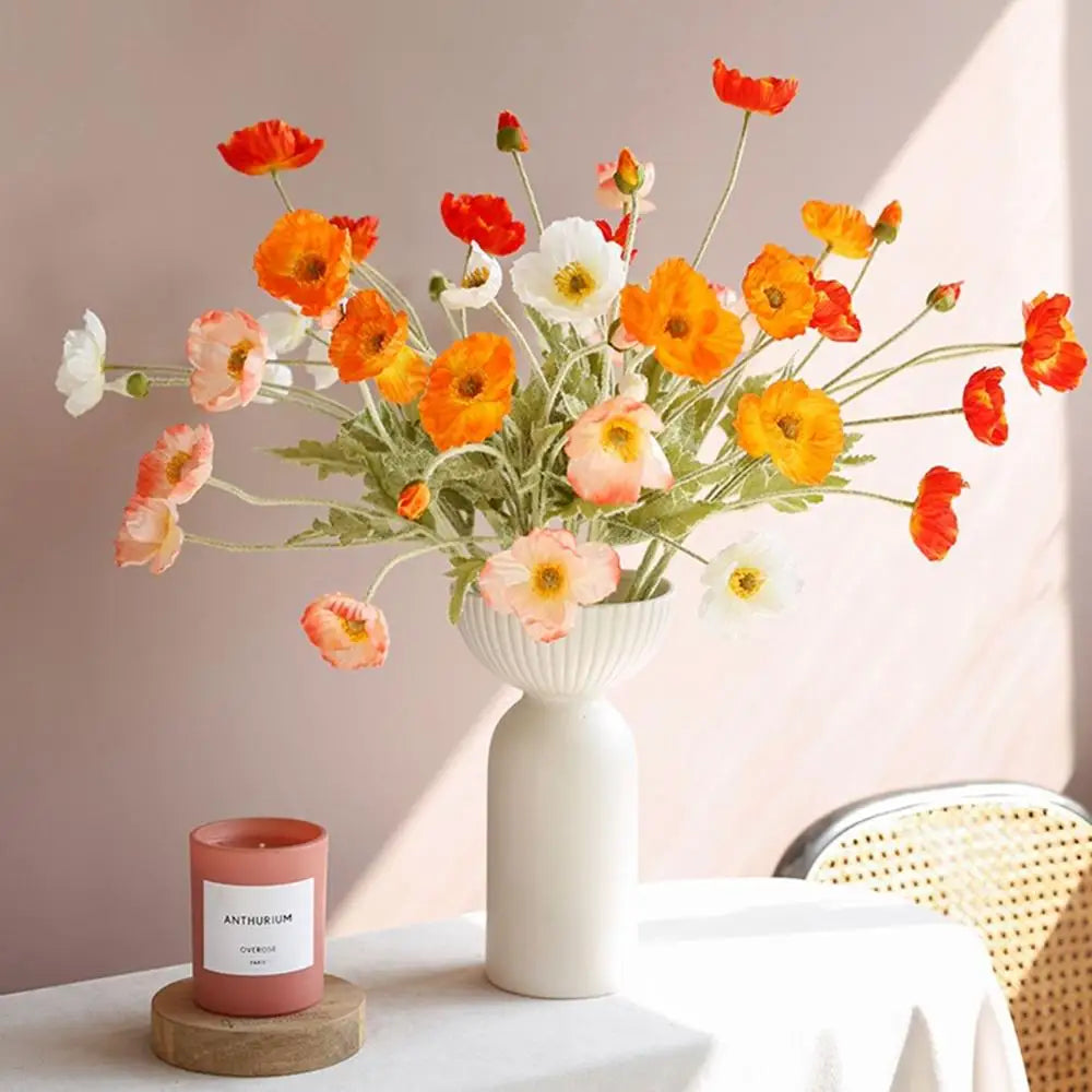 Party Gorgeous Realistic Real Touch Flocking Stem Fake Poppies Flowers Faux Bouquet Artificial Papaver Rhoeas Silk Plants Vue