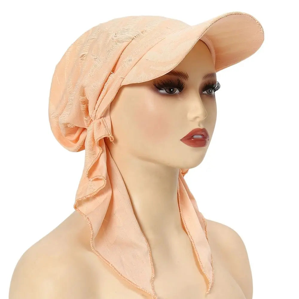 Solid Turban Hat Curved Brim Stretch Fabric Pre-tied Headscarf