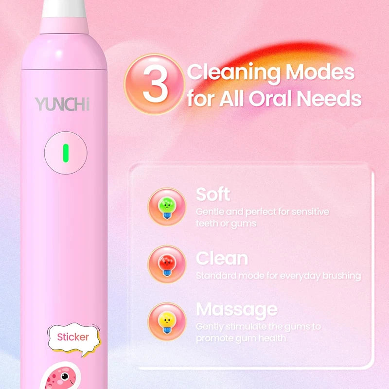Kids Rechargeable Electric Toothbrush with Waterproof Stickers IPX7 2 Min Timer Toothbrush With Replacement Head Vue