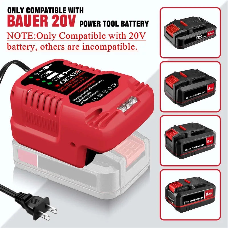 Portable Battery Charger Wireless Power Tool Spot Charger Compatible for Bauer 20V Lithium Batteries Mini Fast Charger US Plug Vue