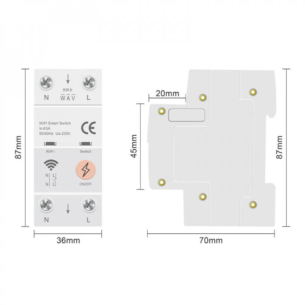 2P 63A Tuya WiFi Smart Circuit Breaker DIN Rail Overload Protection APP Remote Voice Control Timer Switch Works with Smart Life Vue