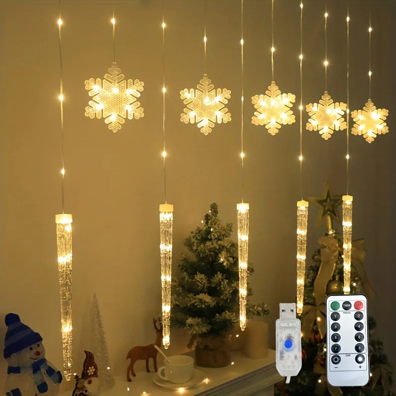 Whimsical Frosty Snowflake Icicle Curtain String Lights, Warm White LED Hanging Lights for Winter Christmas Home Party Decor Vue