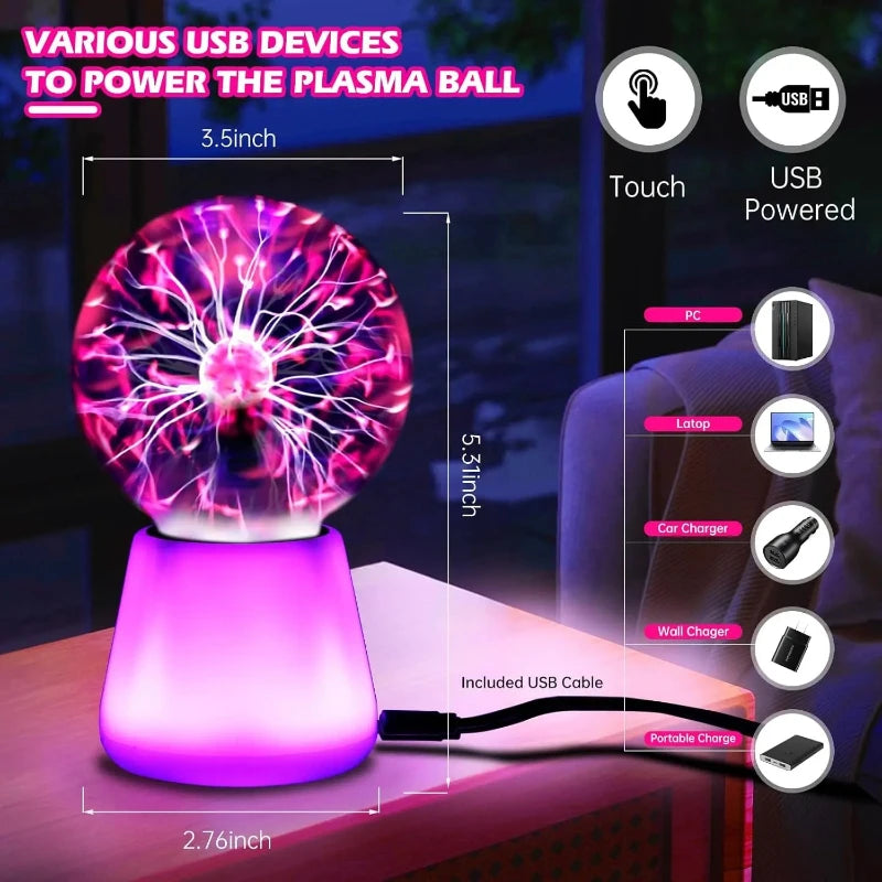 Plasma Ball Lamp Interactive Touch Lightning Globe 3 Inch Fun Lamp USB Powered 7 Color Changing Lights Mood Lighting Party Prop Vue