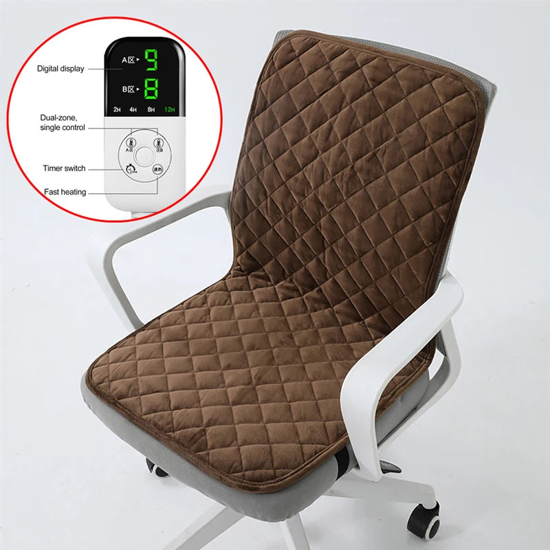 45x90cm Electric Heated Seat Cushion Office Chair Heating Mat Smart Timer Winter Warming Pad Integrated Backrest Pad 220V Vue Brown-EU Plug