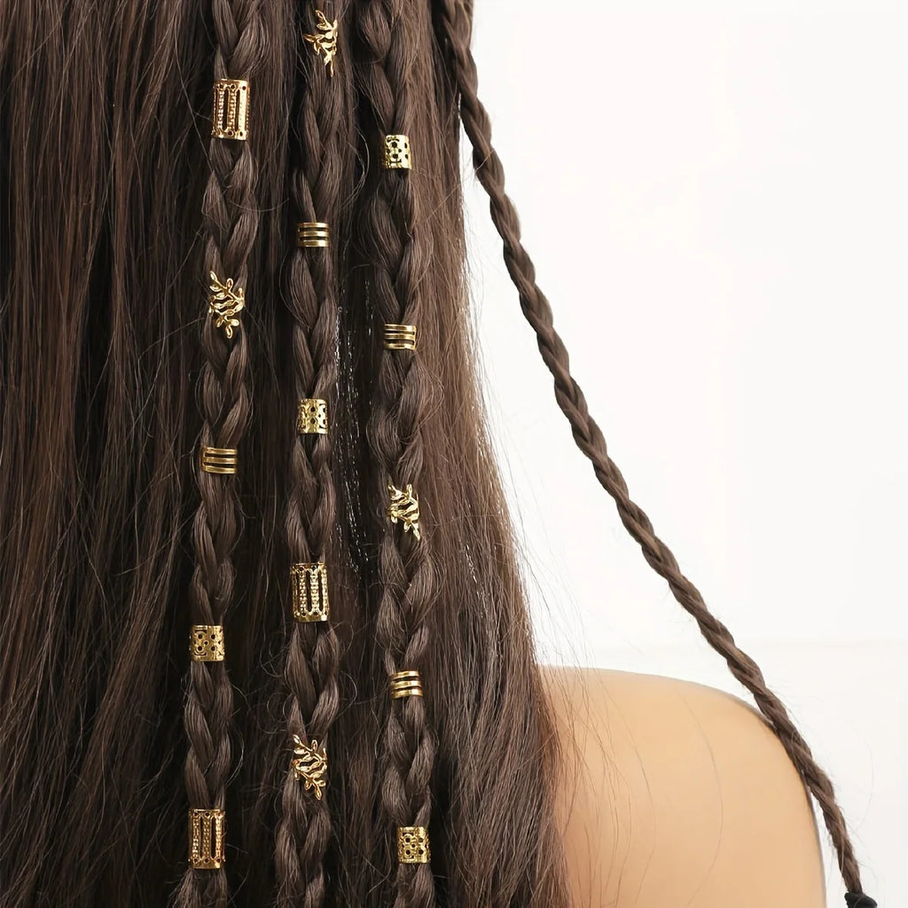 40Pc Mix Hair Braider Metal Hair Rings Beads Cuffs Tubes Charms African Hair Braids Hollow Out Dread Decoration Accessories Gold Vue Gold