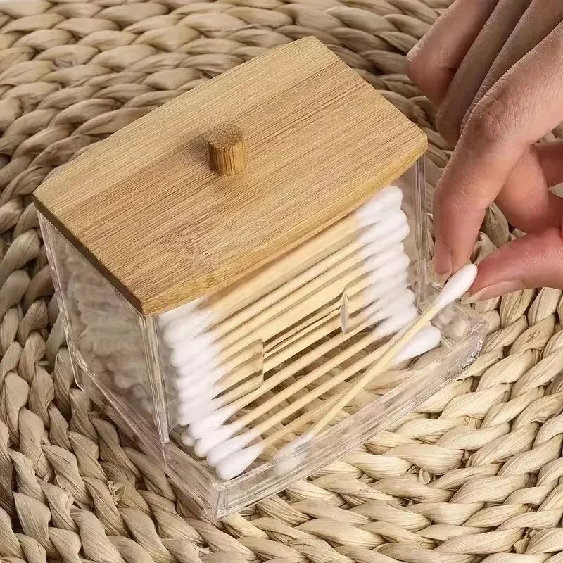 vvocci Organize Box Storage Box Double Cotton Swab ToothpickSwab Head Cotton Buds Container Transparent Square Bamboo Cover Vue