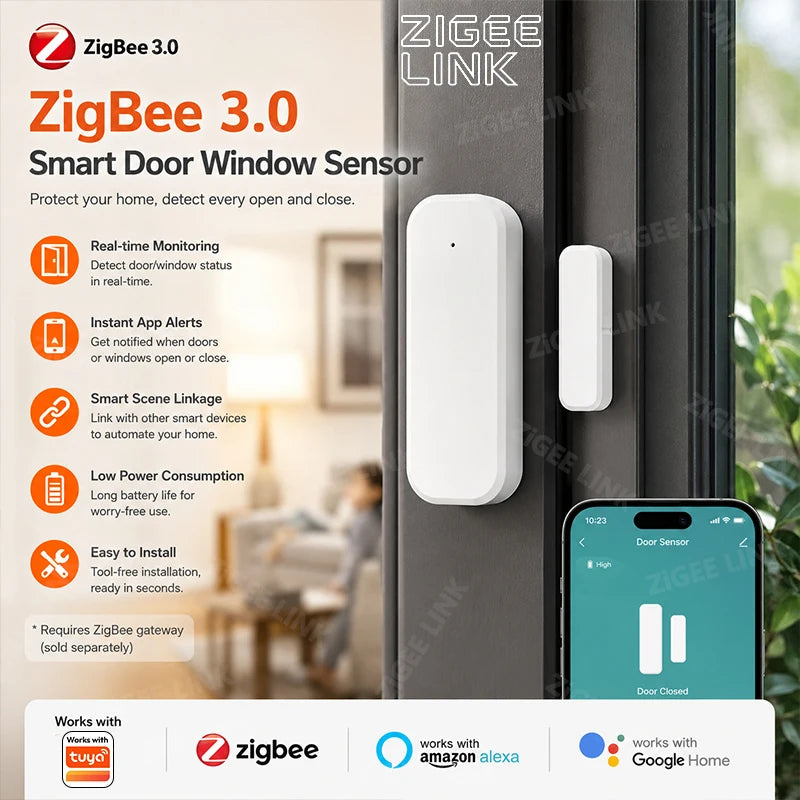 Zigbee3.0 Door Window Security Detector Wireless Magnetic Open Close Burglar Alarm Tuya Smart Life Real-Time Reminder Voice Link Vue